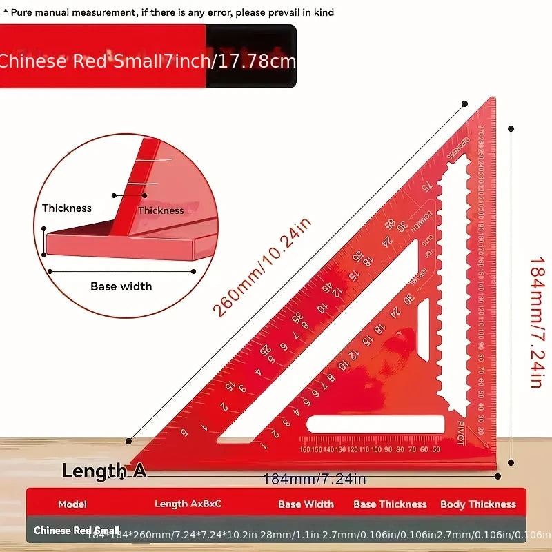 Precision Red Aluminum Woodworking Square — 90° Layout & Marking Tool